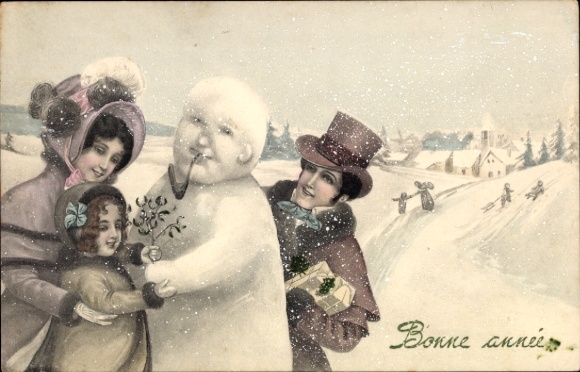 Ak Glückwunsch Neujahr, Eltern, Kind, Schneemann, Mistelzweige