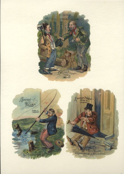 3 wafers "Chocolat Poulain", man with gun, man with fishing rod, man with umbrella, each approx. 12 x 9 cm