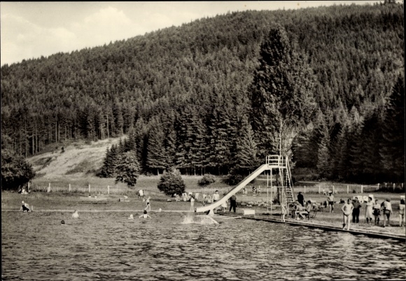 Postcard Meura in Thuringia, Waldbad Wittgendorf im Augrund, slide