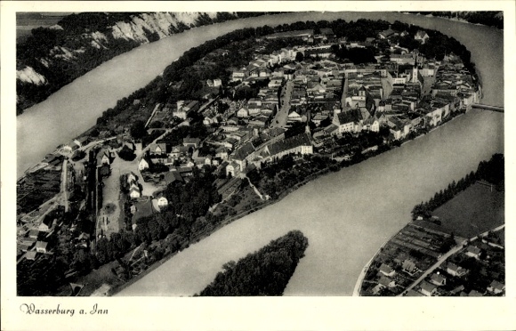 Postcard Wasserburg am Inn Upper Bavaria, aerial view of Wasserburg, Inn River, city view, buildings