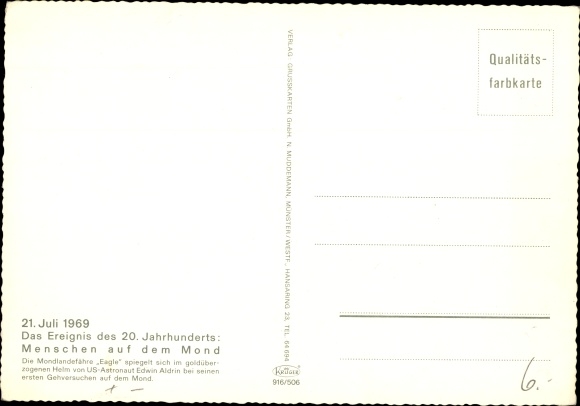 Postcard US Astronaut Edwin Aldrin, moon landing July 21, 1969, first steps, lunar module Eagle