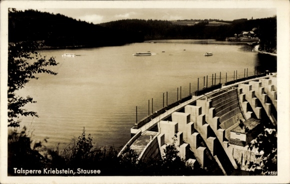 Ak Kriebstein Saksen, Zschopau-dam, stuwmeer, motorbootverkeer