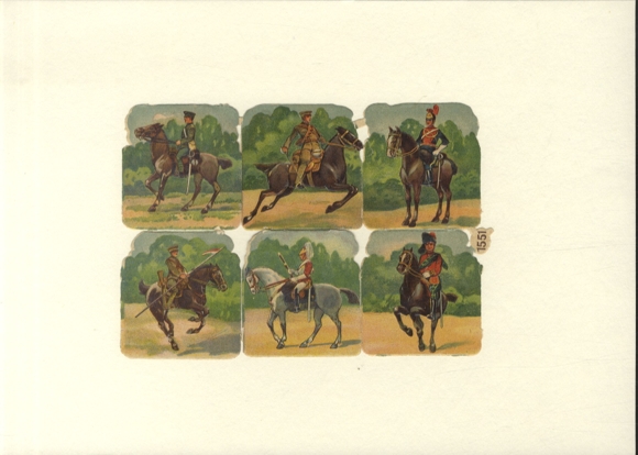 Oblate block of 6, soldiers in various uniforms on horses, size approx. 12 x 17 cm