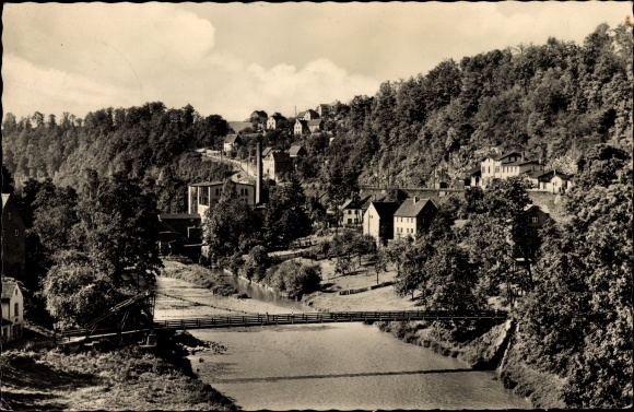 Postcard Rochsburg Lunzenau in Saxony, train station, swing bridge