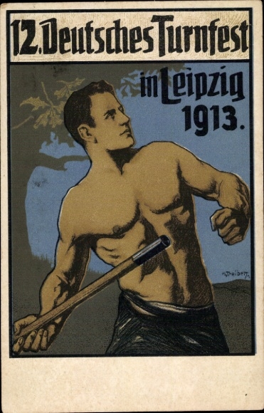 Artist Postcard Treiber, H., 12th German Gymnastics Festival in Leipzig 1913, javelin thrower