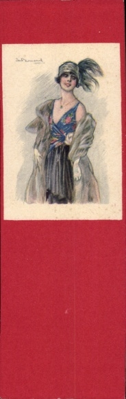 Artist Postcard Bompard, Sergio, Young woman in dress, coat, feather hat