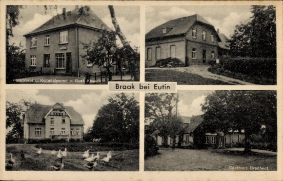 Postcard Braak in Schleswig Holstein, bakery and groceries Gust. Knaack, Gasthaus Bredfeldt