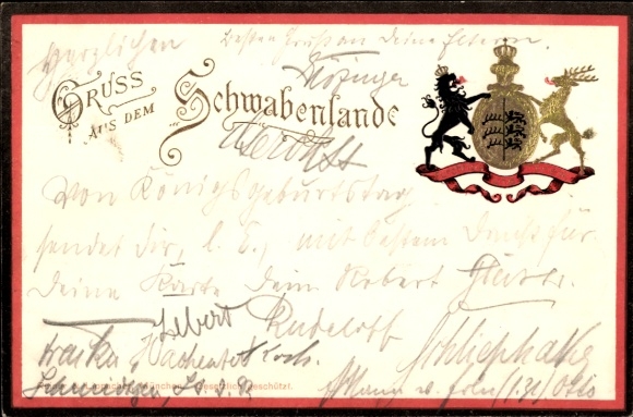 Wytłoczony herb Szwabii z litym pozdrowieniem, czarny lew, złoty jeleń