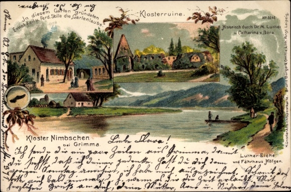Litho Nimbschen Böhlen Grimma in Saksen, klooster, Lutherseik, Fährhaus Höfgen, tuin