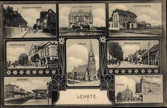 Postcard Lehrte in Lower Saxony, church, Königstrasse, Schwanenburg, Villa Nordstern, train station, side of the track