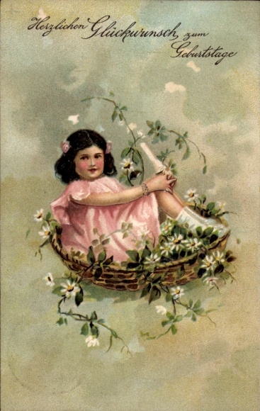 Embossed PC Happy Birthday, girl with flower basket