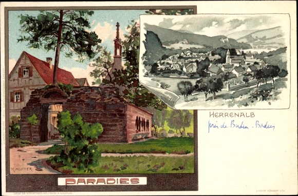 Artist Chromo-Litho mother, K., Bad Herrenalb in the Black Forest, paradise, monastery ruins