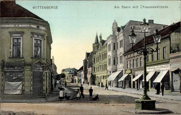 Postcard Wittenberge on the Elbe Prignitz, Am Stern, Chausseestraße, Cigar Shop Hermann Wolff