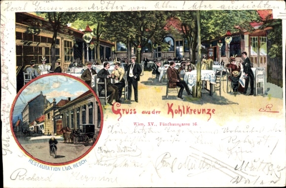 Chromo-Litho Vienna 15. Rudolfsheim Fünfhaus Austria, Restoration Kohlkreunze by Lud. Resch, guests