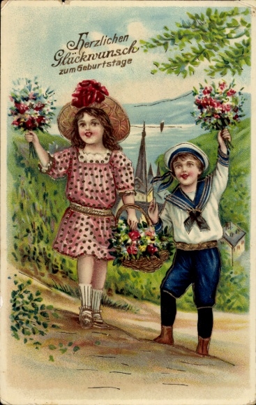 Chromo-Litho Happy Birthday, two children with flowers