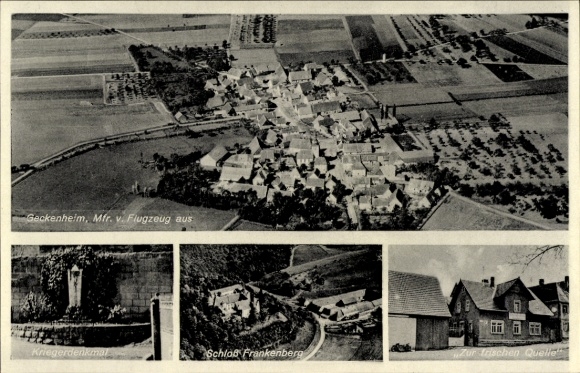 Postcard Geckenheim Weigenheim, aerial photograph, war memorial, Frankenberg Castle, Zur frische Quelle
