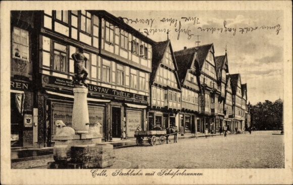 PC Celle in Lower Saxony, Stechbahn with Schäferbrunnen fountain, Gustav Thiele shop, horse-drawn carriage