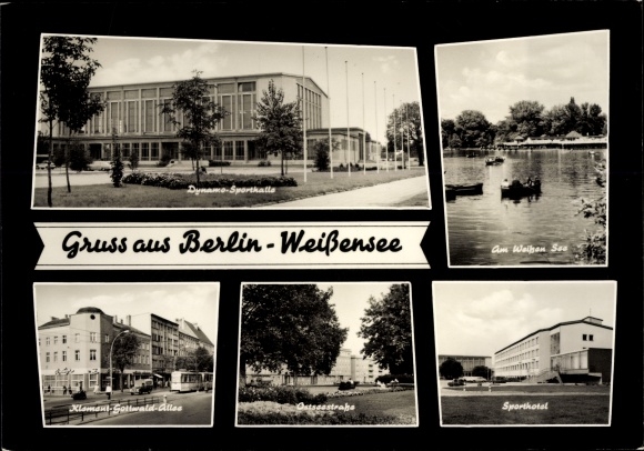 Postcard Weißensee Berlin, Am Weißen See, Dynamo Sporthalle, Sporthotel, Klement Gottwald Strasse