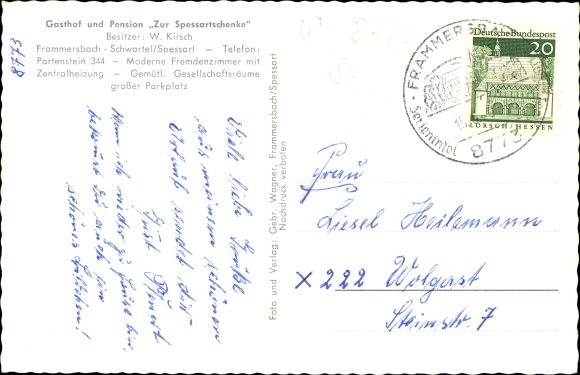 Postcard Frammersbach in the Spessart of Lower Franconia, inn and pension for Spessartschenke