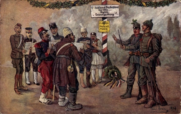 Artist Postcard Aram, Toni, Germany above all, singing exercise with prisoners of war, 1914