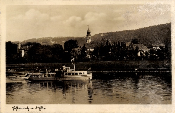 Postcard Dresden Hosterwitz, partial view, boat