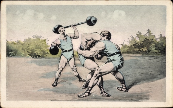 Postcard weightlifter with barbell, wrestler
