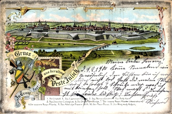 Litho Jülich in Nordrhein Westfalen, Gruß aus der alten Veste, Panorama