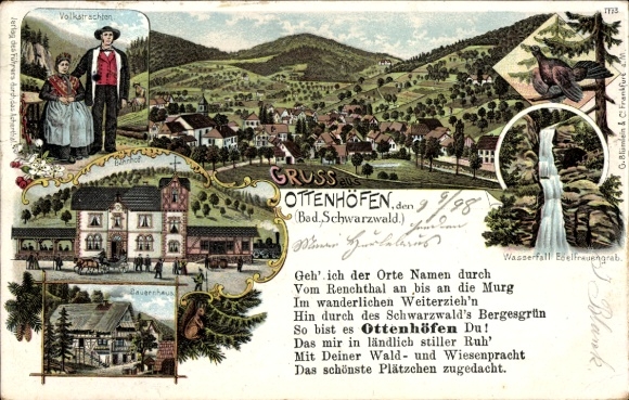 litho Ottenhöfen in het Zwarte Woud, waterval, treinstation, afstandsschot, boerderij, klederdracht