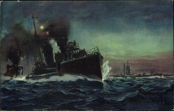 Künstler Ak Deutsche Kriegsschiffe, Torpedoboote und Unterseeboote an der Front, 1914