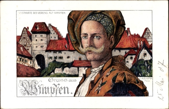 Artist PC Kempin, C., Bad Wimpfen am Neckar district of Heilbronn, partial view of the city, man