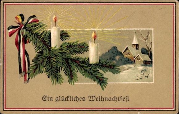 Präge Ak Frohe Weihnachten, Dorfidyll, Tannenzweig, Kerzen