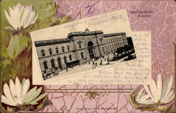 Embossed Passepartout PC Magdeburg on the Elbe, train station, forecourt