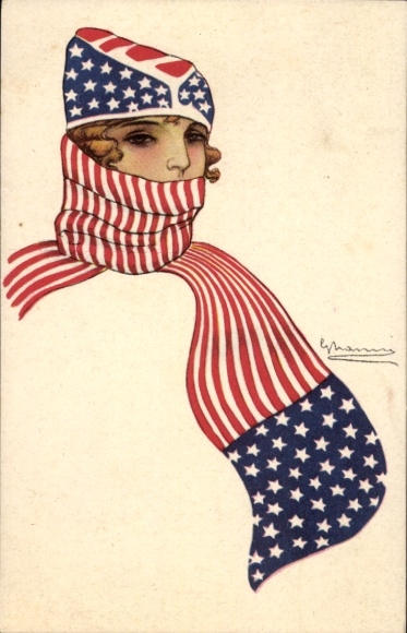 Artist Postcard Young Woman, Scarves of the Allies in World War I, USA