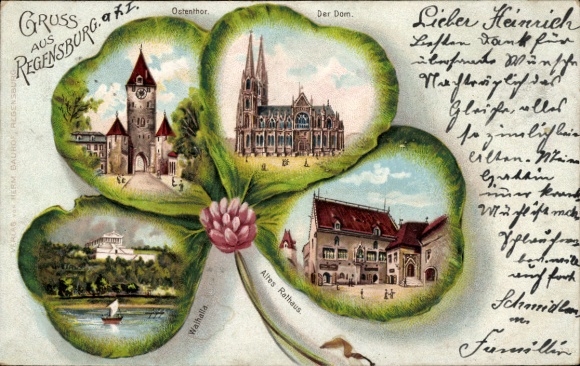 litho Regensburg aan de Donau Opper-Palts, Ostentor, kathedraal, Walhalla, oud stadhuis