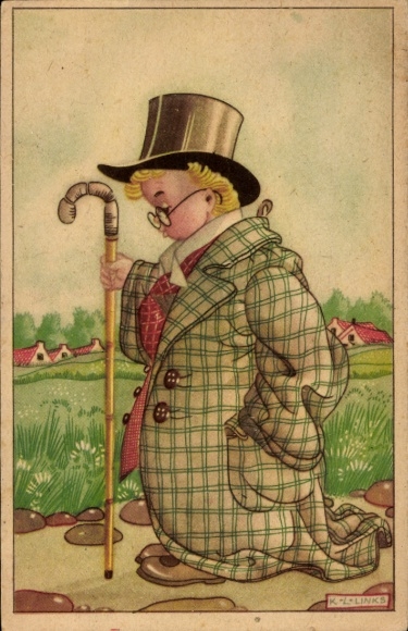 Artist Postcard Links, Karel L., child in men's suit, top hat, glasses, walking stick