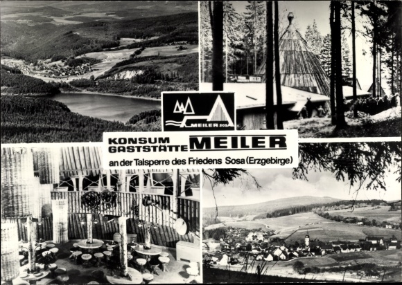 Postcard Sosa Eibenstock in the Ore Mountains, consumption restaurant Meiler at the dam of peace