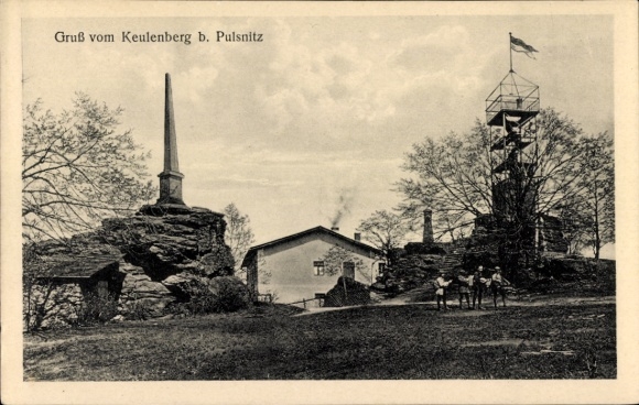 Postcard Pulsnitz Saxony, mountain, monolith, observation tower, two riders