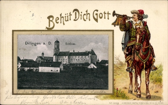 Embossed Passepartout Postcard Dillingen an der Donau, Castle, Trumpeter of Säckingen