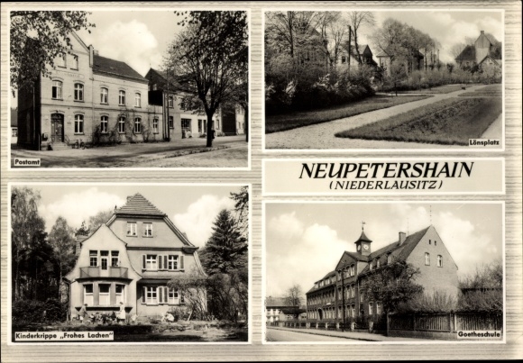 Ak Neupetershain in Neder-Lausitz, Happy Laughing Day-kinderdagverblijf, postkantoor, Goethe-school, Lönsplatz