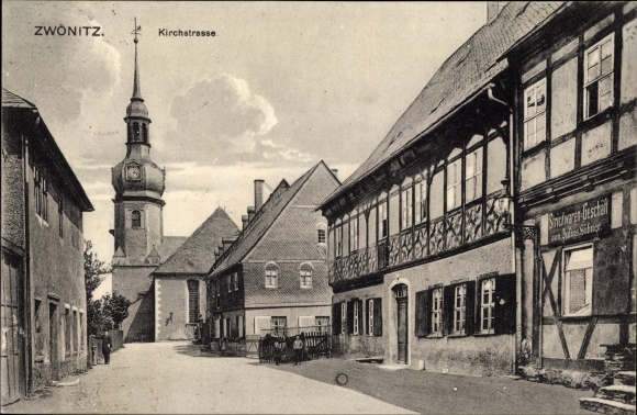 Postcard Zwönitz in the Erzgebirge of Saxony, knitwear shop, Kirchenstrasse