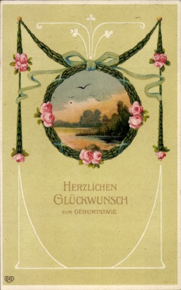 Embossed PC birthday greetings, landscape motif