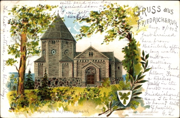 Chromo-Litho Friedrichsruh Aumühle in the Duchy of Lauenburg, Bismarck mausoleum, coat of arms