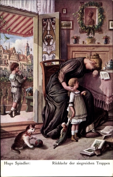 Artist PC Spindler, Erwin, return of the victorious troops, mourning woman with children, cat