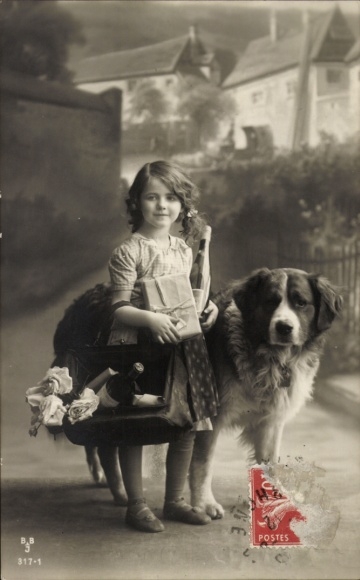 Postcard Girl with St. Bernard, portrait
