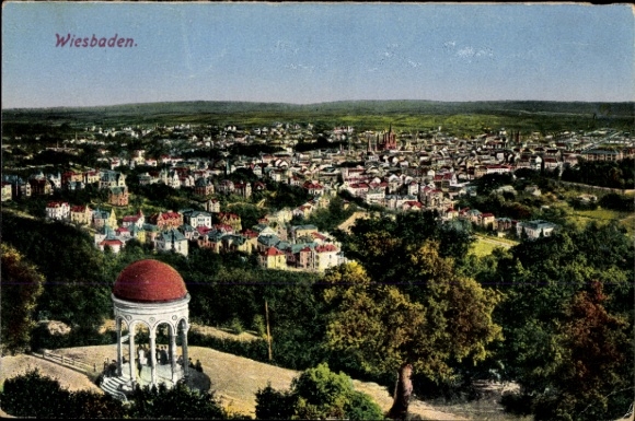 Ak Wiesbaden in Hessen, Stadtansicht von  bunte Häuser, Park mit Pavillon