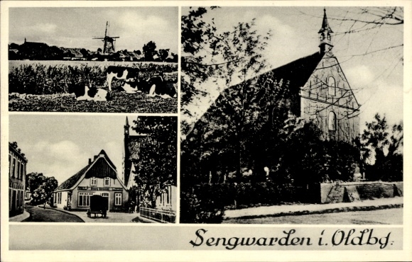PC Sengwarden Wilhelmshaven in Lower Saxony, church, windmill, local area, cattle