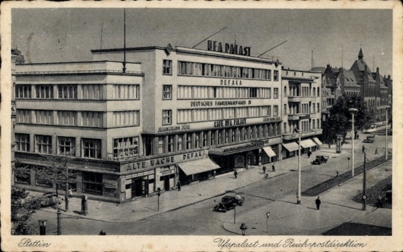 Postcard Szczecin Stettin Pomerania, UFA Palace and Reichspostdirektion, Defaka