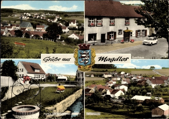 Coat of arms Postcard Magdlos Flieden in the Fulda district in Hesse, general view, inn*, Magdloser water
