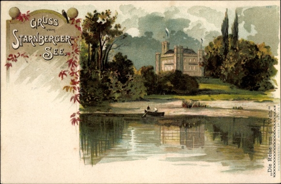 Artist Chromo-Litho Starnberg in Upper Bavaria, Lake Starnberg, Castle