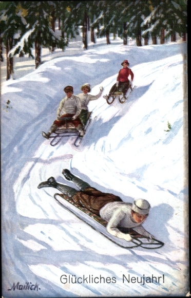 Artist Postcard Mailick, Happy New Year, Happy Sledding